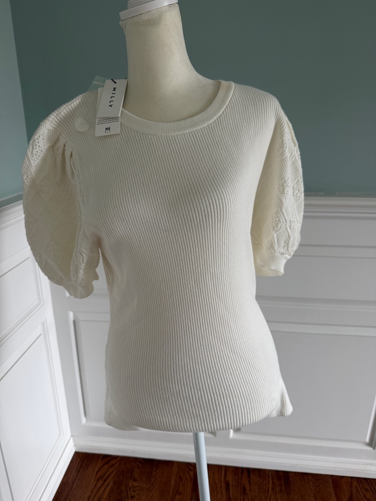 Milly Cream Ribbed Scoop Neck Puff Sleeve Sweater